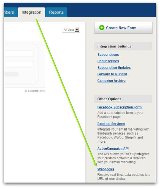 Screenshot of where to add webhooks in ActiveCampaign