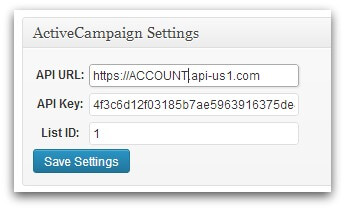 Shopp ActiveCampaign settings (API URL, Key, and list ID)
