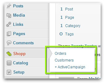 Shopp menu in WordPress with ActiveCampaign option