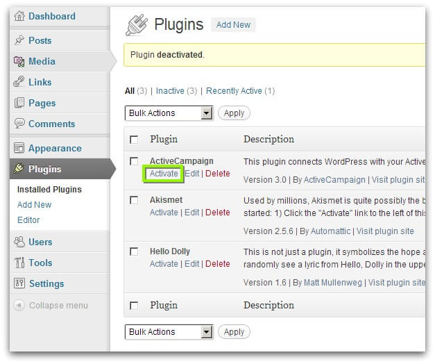 Screenshot of WordPress Plugins page