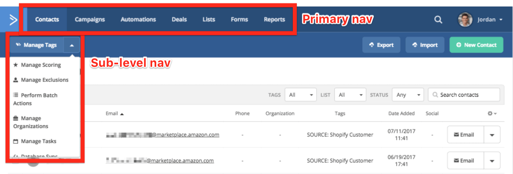 Primary nav and sub-level nav on the old user interface