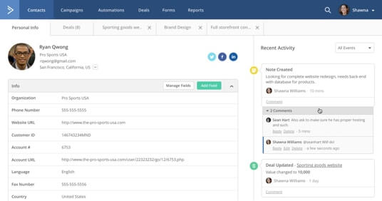 CRM tool showing personal info in contacts screen